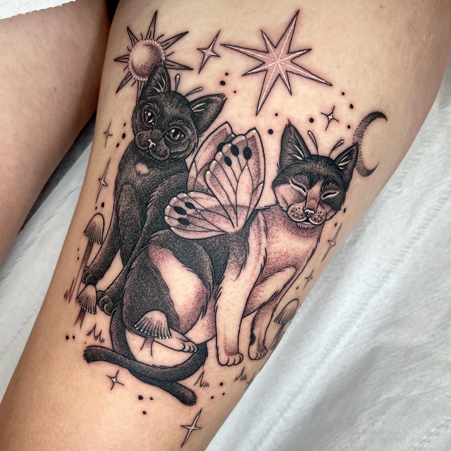 Diseño de tatuaje de dos gatos brujos.