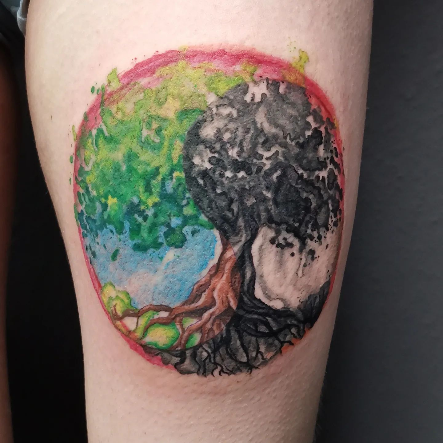 Gran tatuaje colorido del Árbol de la Vida en la pierna.
