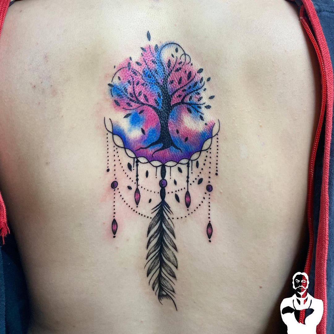 Tatuaje del Árbol de la Vida de color Rosa y Azul